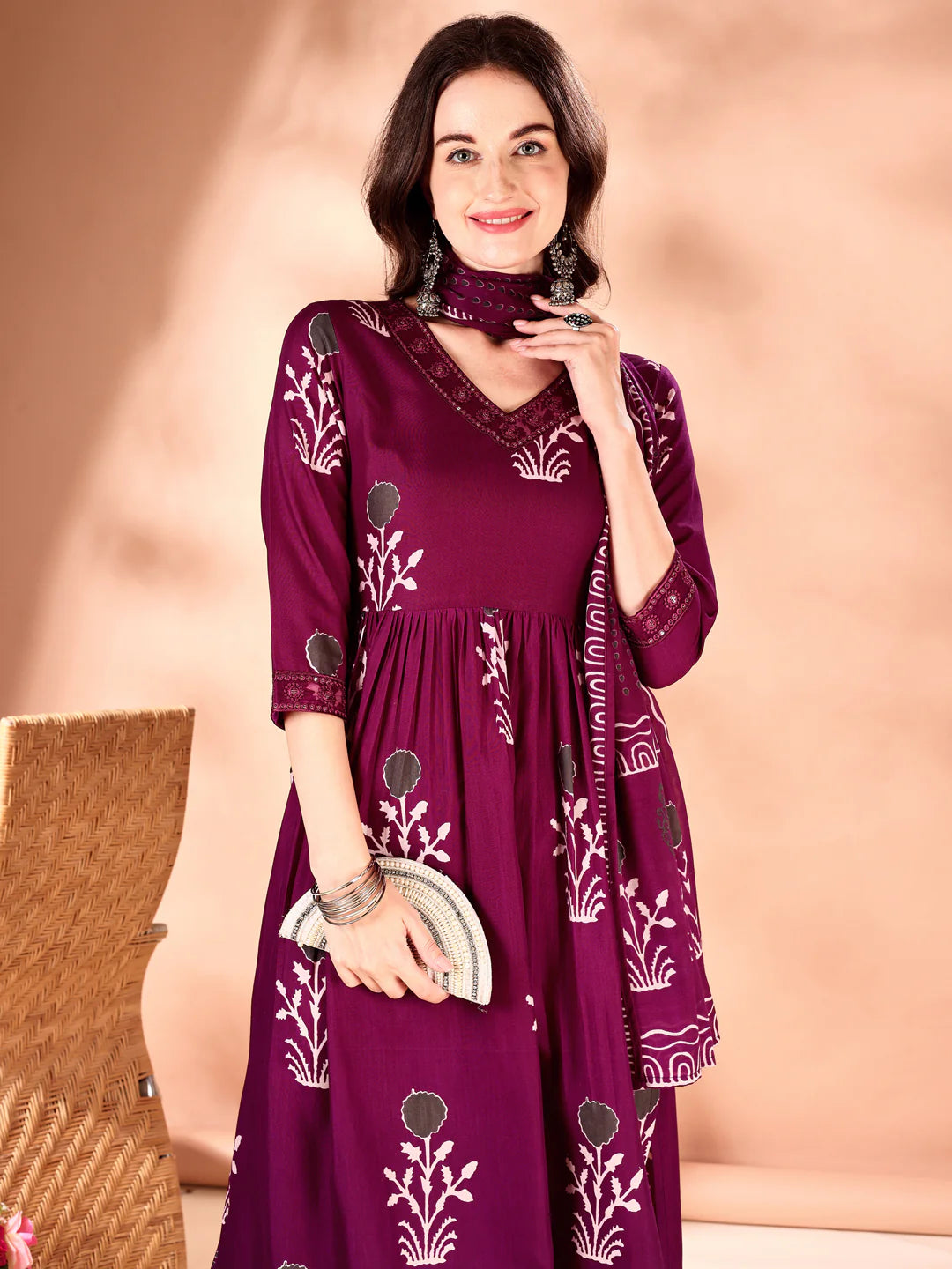 Wine Embroidered And Ethnic Motifs Printed Flared Kurta Pant With Dupatta