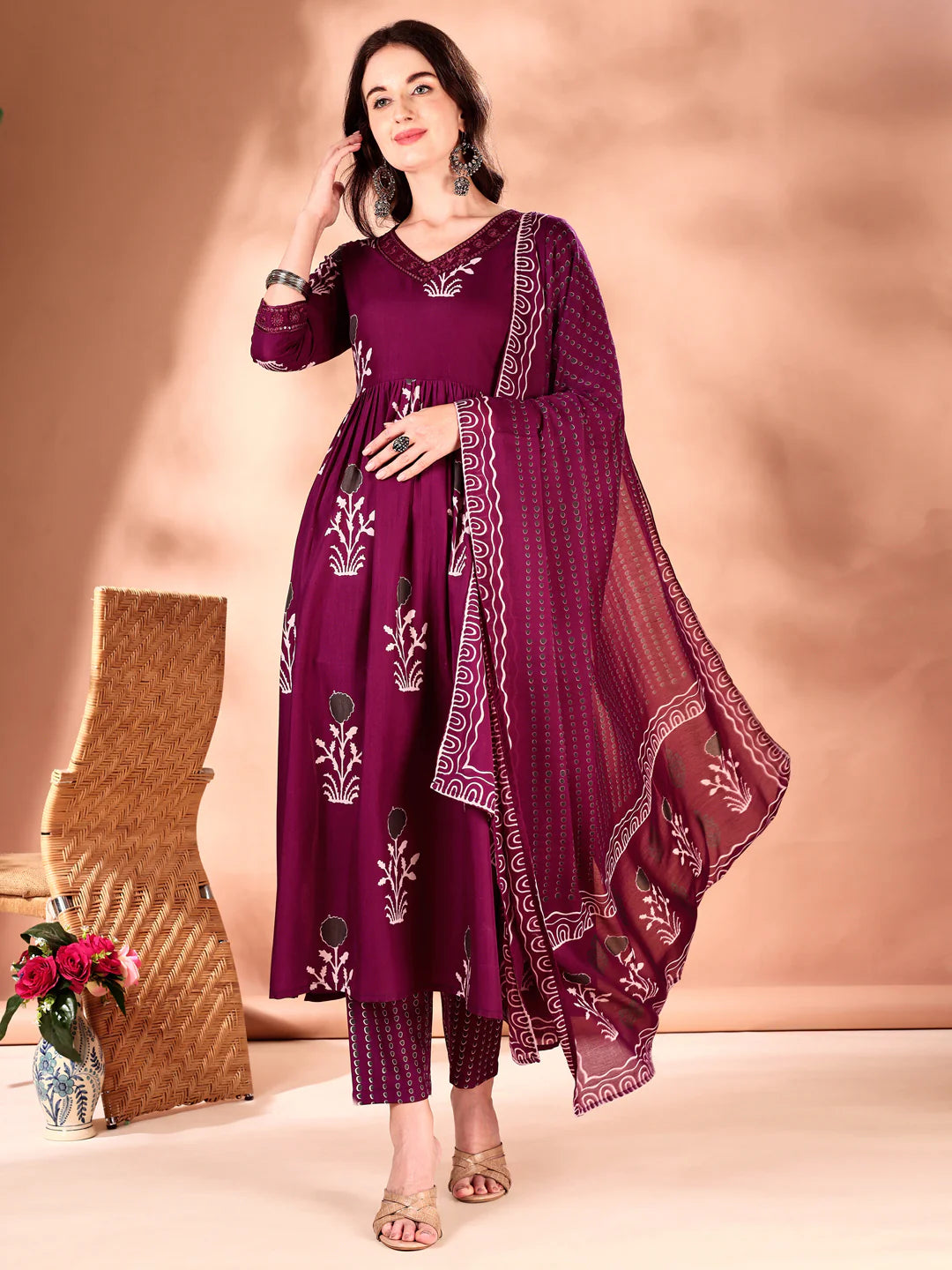 Wine Embroidered And Ethnic Motifs Printed Flared Kurta Pant With Dupatta