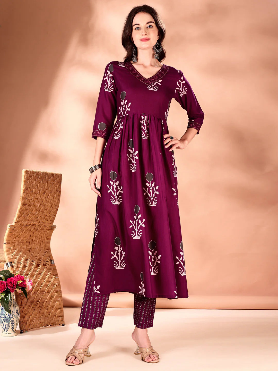 Wine Embroidered And Ethnic Motifs Printed Flared Kurta Pant With Dupatta