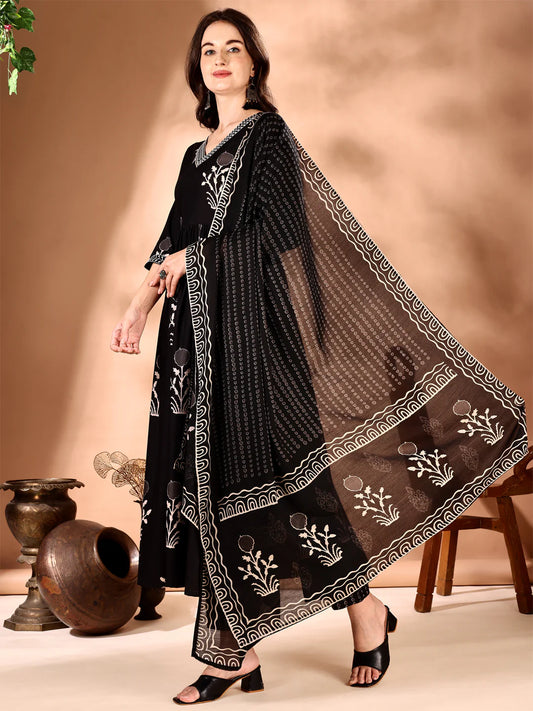Black Embroidered And Ethnic Motifs Printed Flared Kurta Pant With Dupatta