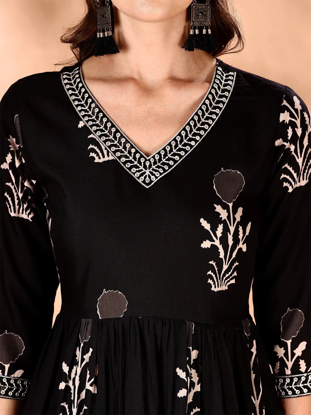 Black Embroidered And Ethnic Motifs Printed Flared Kurta Pant With Dupatta