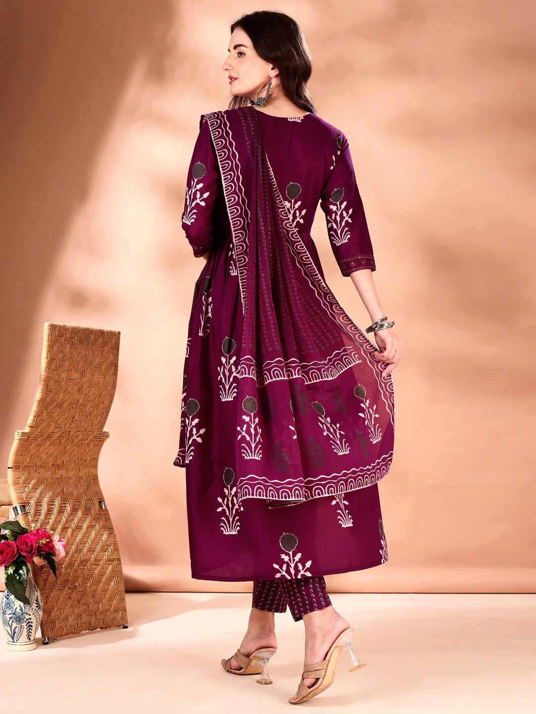 Wine Embroidered And Ethnic Motifs Printed Flared Kurta Pant With Dupatta