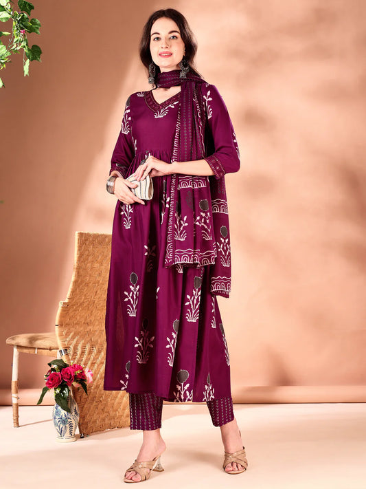Wine Embroidered And Ethnic Motifs Printed Flared Kurta Pant With Dupatta