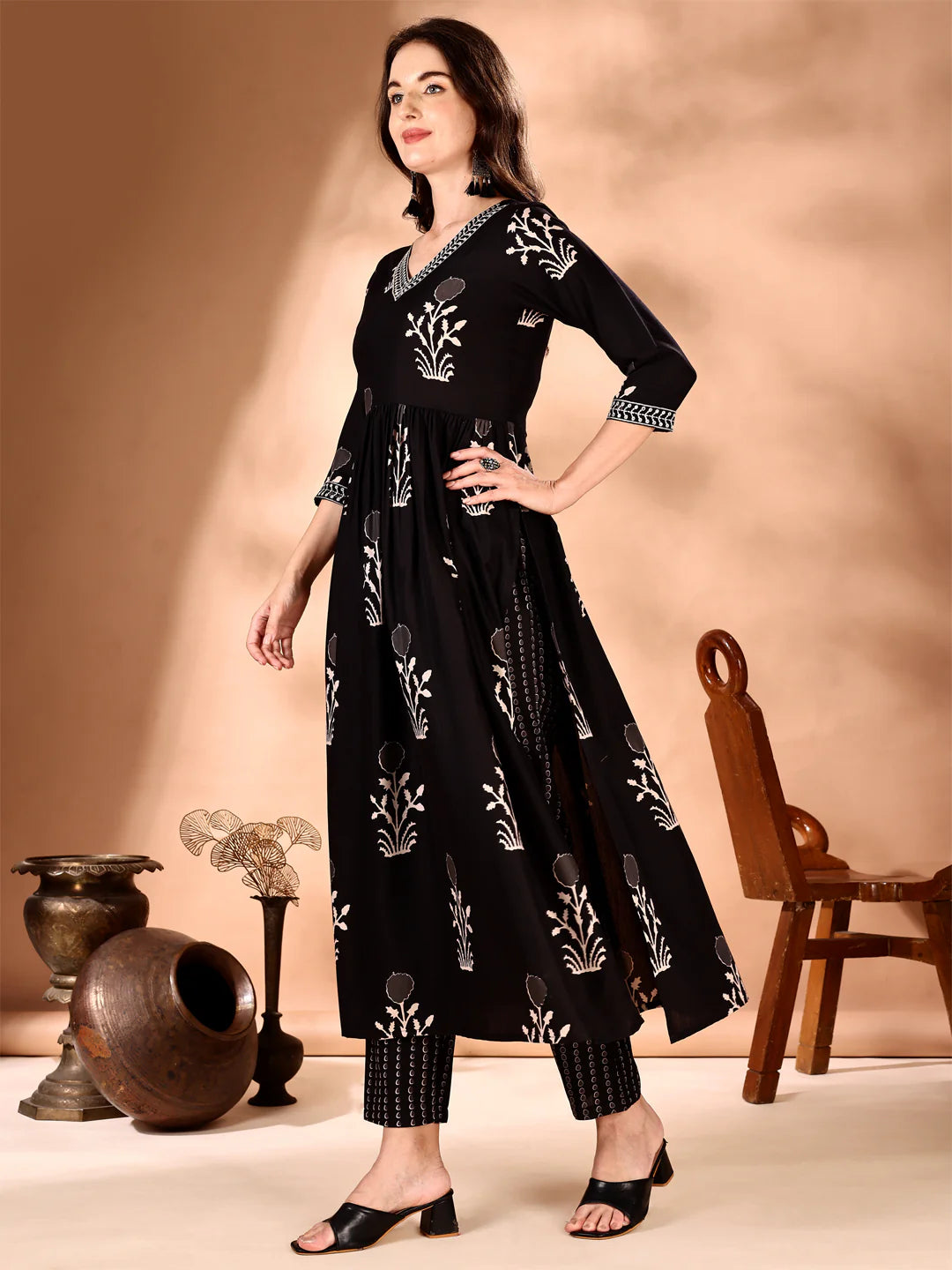 Black Embroidered And Ethnic Motifs Printed Flared Kurta Pant With Dupatta