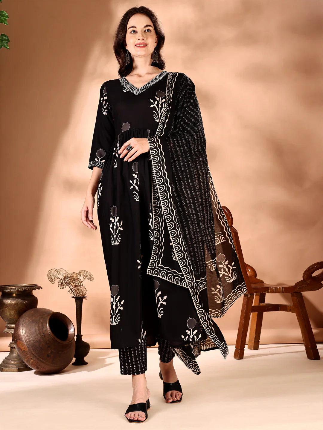 Black Embroidered And Ethnic Motifs Printed Flared Kurta Pant With Dupatta