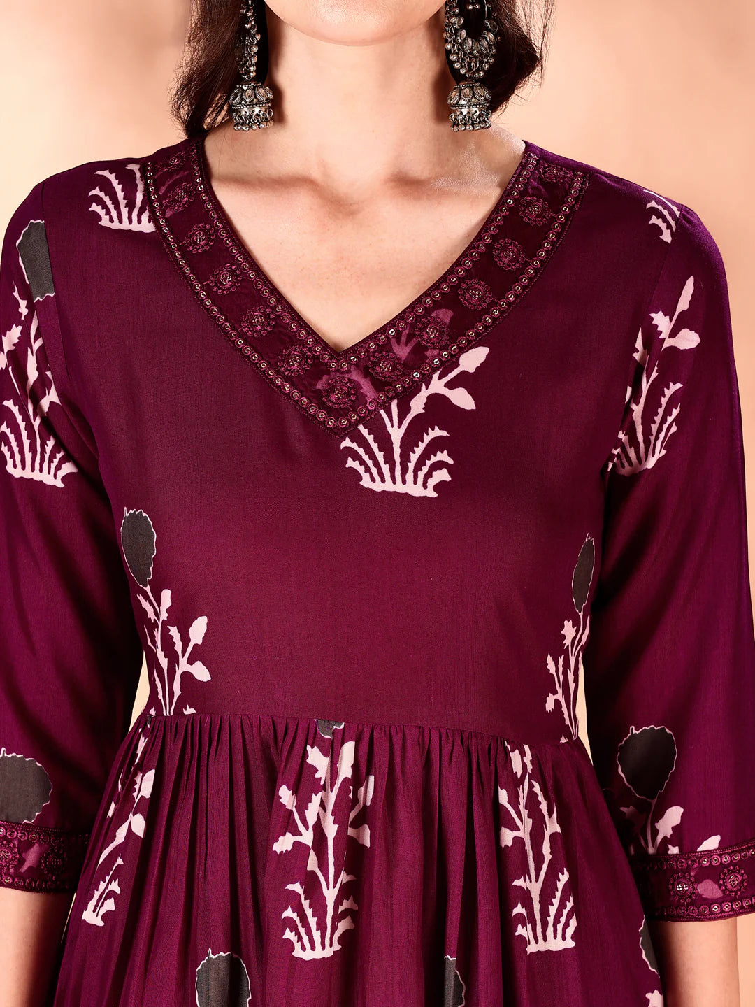 Wine Embroidered And Ethnic Motifs Printed Flared Kurta Pant With Dupatta