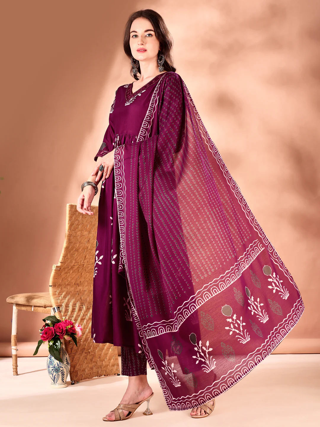 Wine Embroidered And Ethnic Motifs Printed Flared Kurta Pant With Dupatta