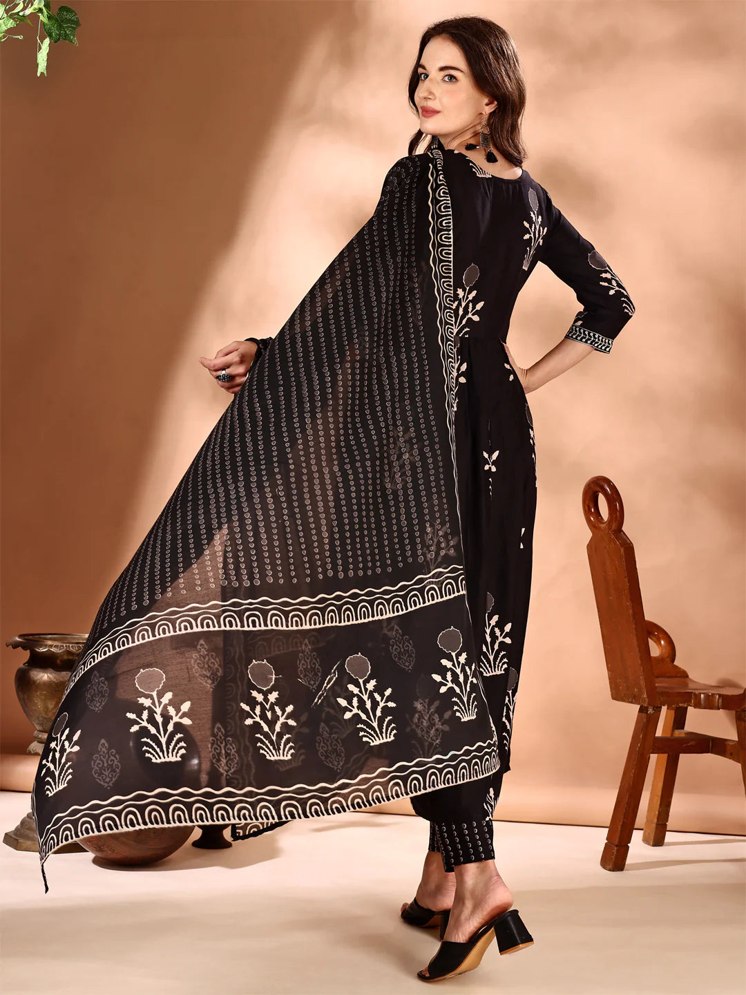 Black Embroidered And Ethnic Motifs Printed Flared Kurta Pant With Dupatta