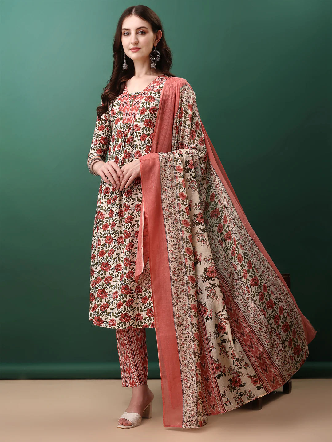 Fresh Pink Floral Printed Cotton Kurta Pant With Dupatta