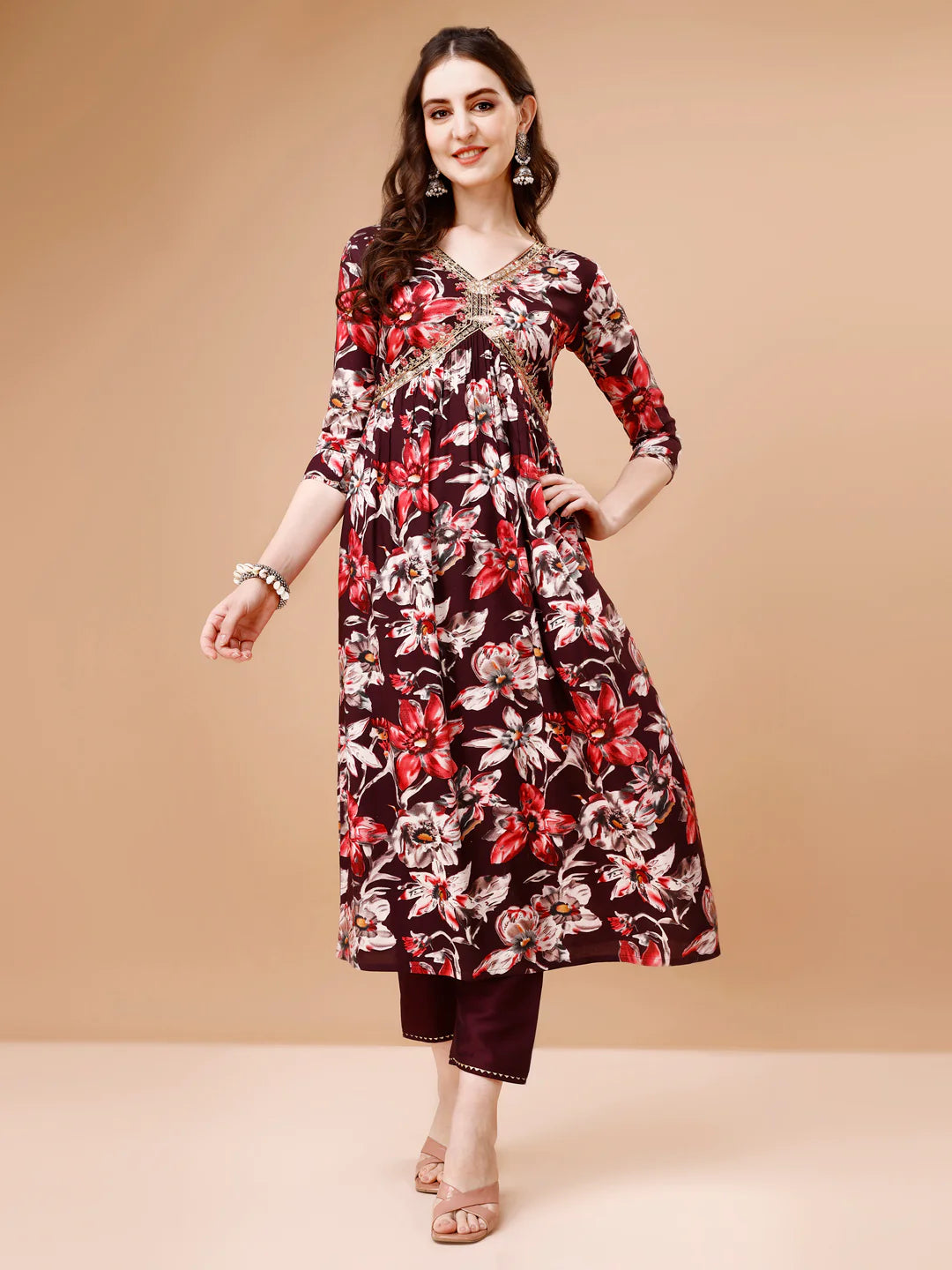 Women's WIne Alia Cut Printed & Embroidered Cotton Kurta Pant With Dupatta