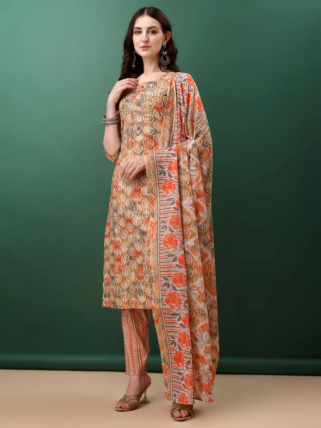 Charming Orange Floral Printed Premium Cotton Kurta Pant With Dupatta