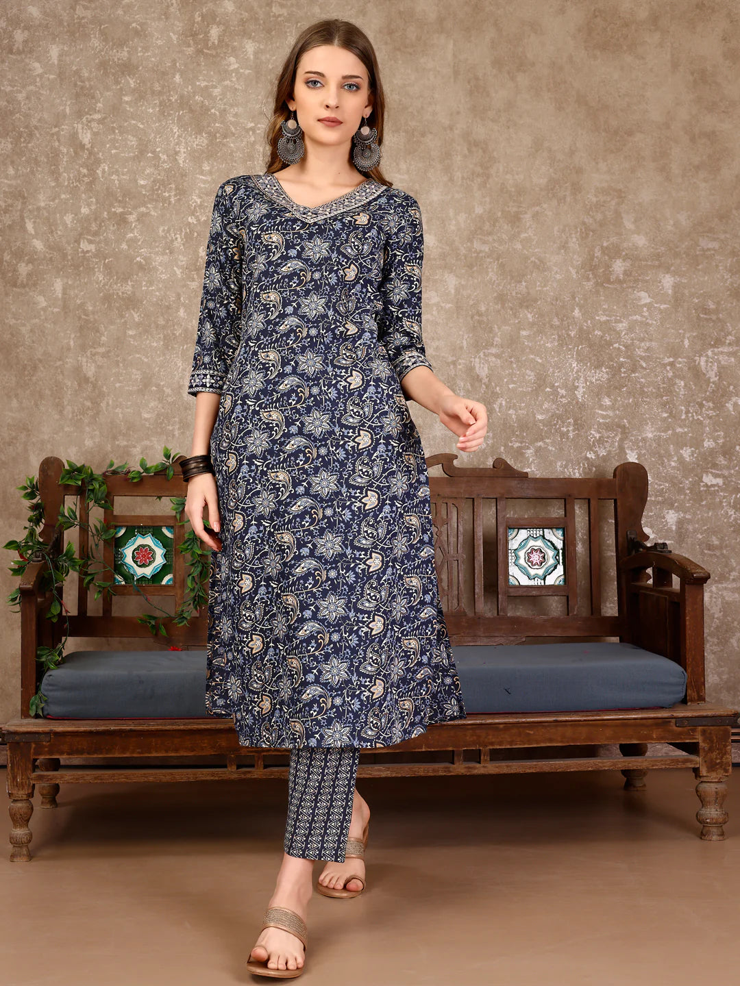 Women's Teal Blue Embroidered And Printed Cotton Kurta Pant With Dupatta