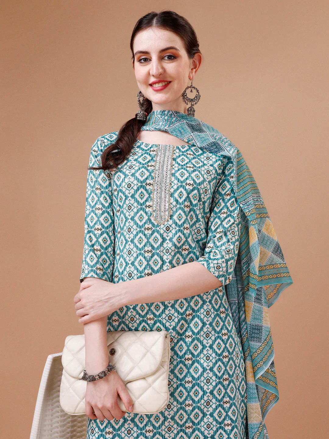 Geometric Pattern Printed & Lace Yoke Embroidered Blue Cotton Kurta Pant With Dupatta