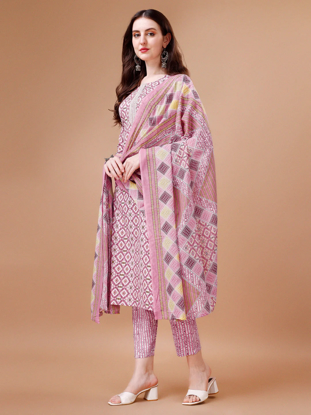 Geometric Pattern Printed & Lace Yoke Embroidered Pink Cotton Kurta Pant With Dupatta