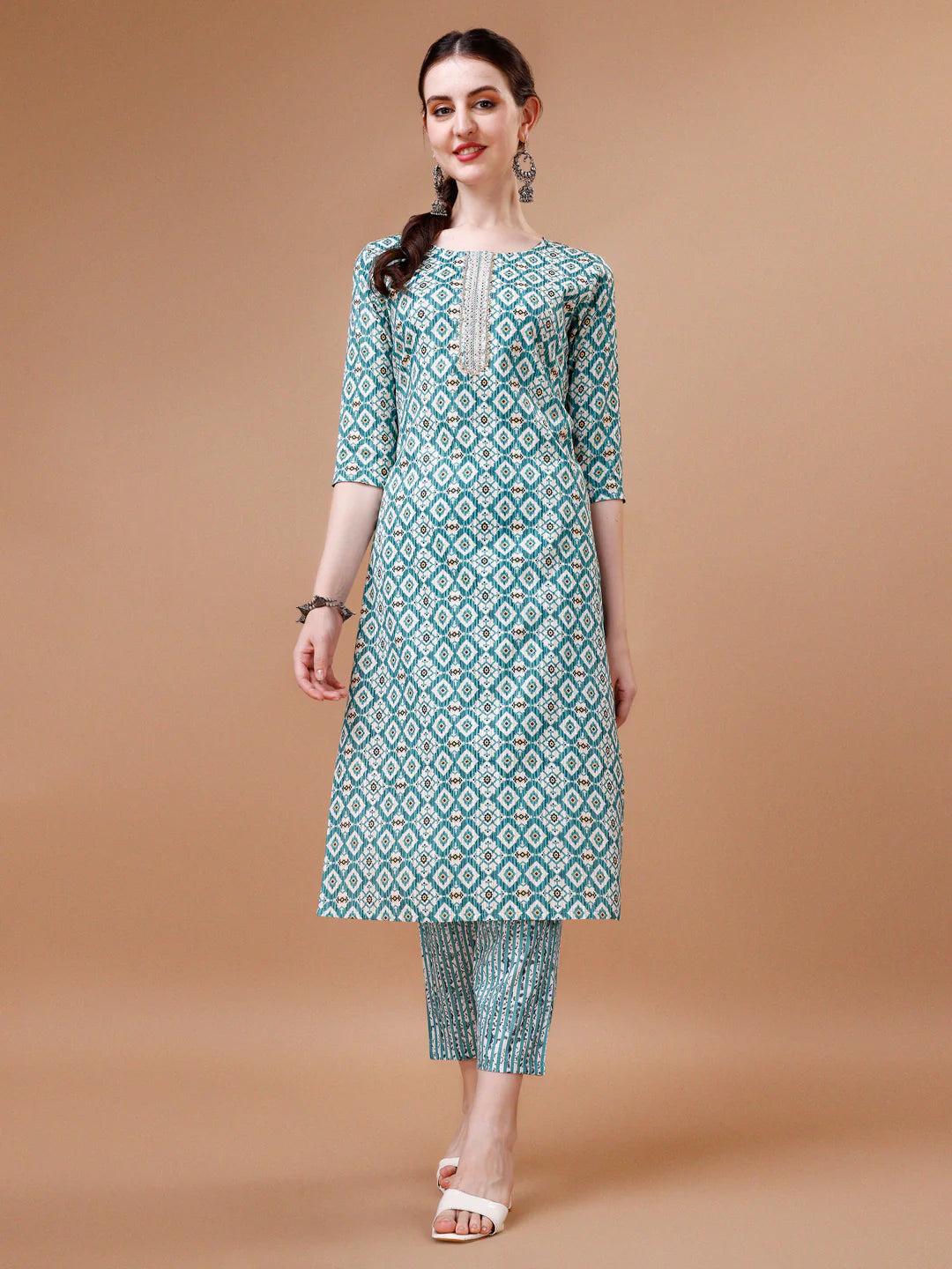 Geometric Pattern Printed & Lace Yoke Embroidered Blue Cotton Kurta Pant With Dupatta