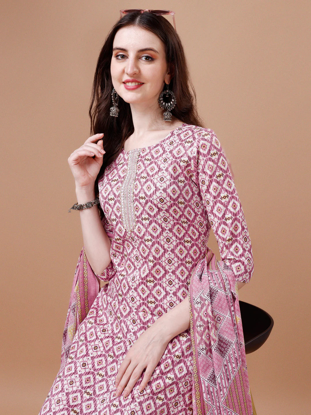 Geometric Pattern Printed & Lace Yoke Embroidered Pink Cotton Kurta Pant With Dupatta