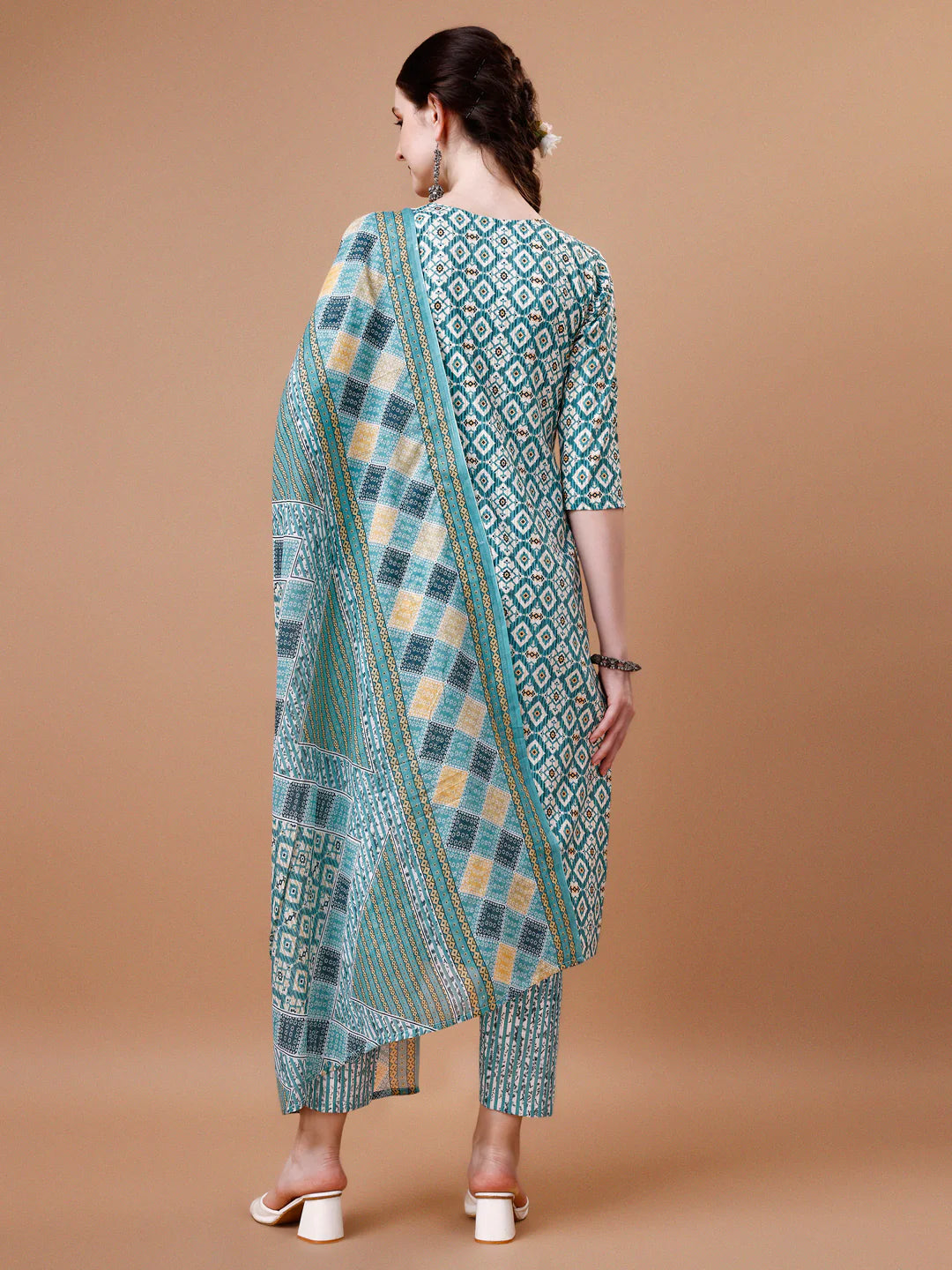 Geometric Pattern Printed & Lace Yoke Embroidered Blue Cotton Kurta Pant With Dupatta