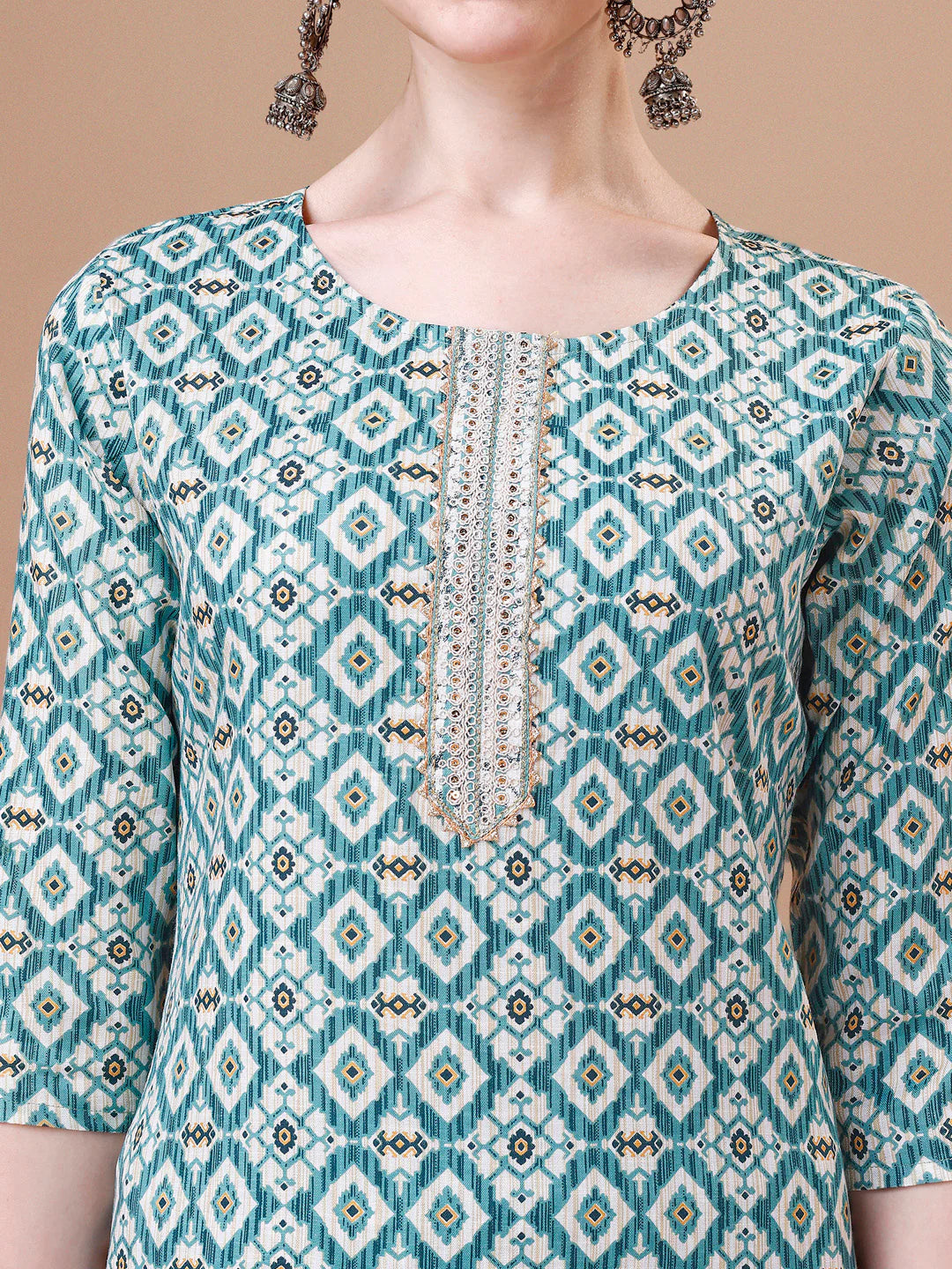 Geometric Pattern Printed & Lace Yoke Embroidered Blue Cotton Kurta Pant With Dupatta