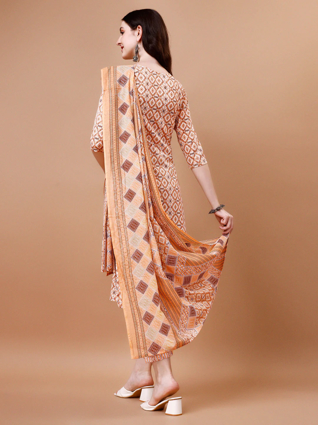 Traditional Pattern Printed & Lace Yoke Embroidered Cotton Kurta Pant With Dupatta
