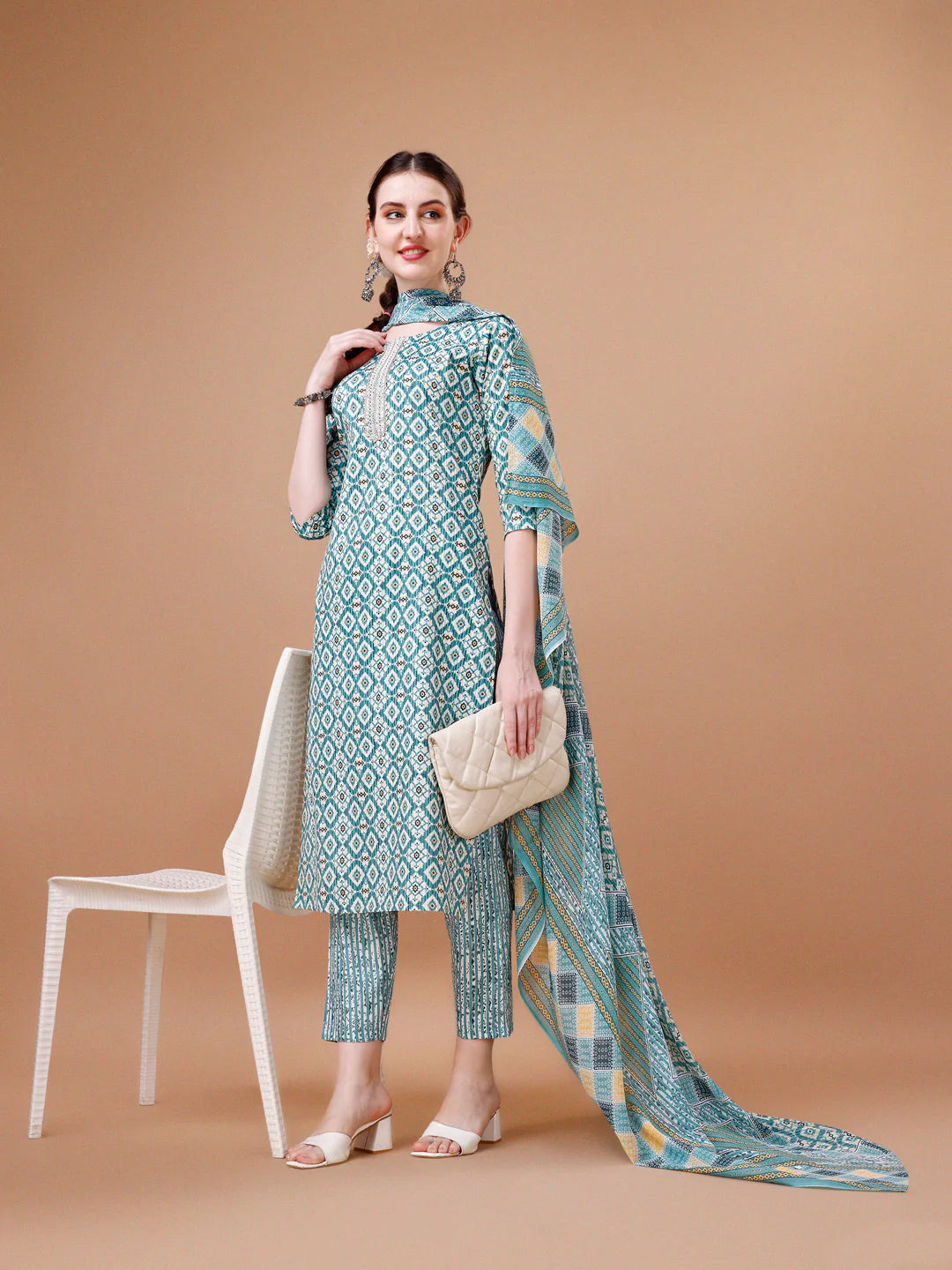 Geometric Pattern Printed & Lace Yoke Embroidered Blue Cotton Kurta Pant With Dupatta