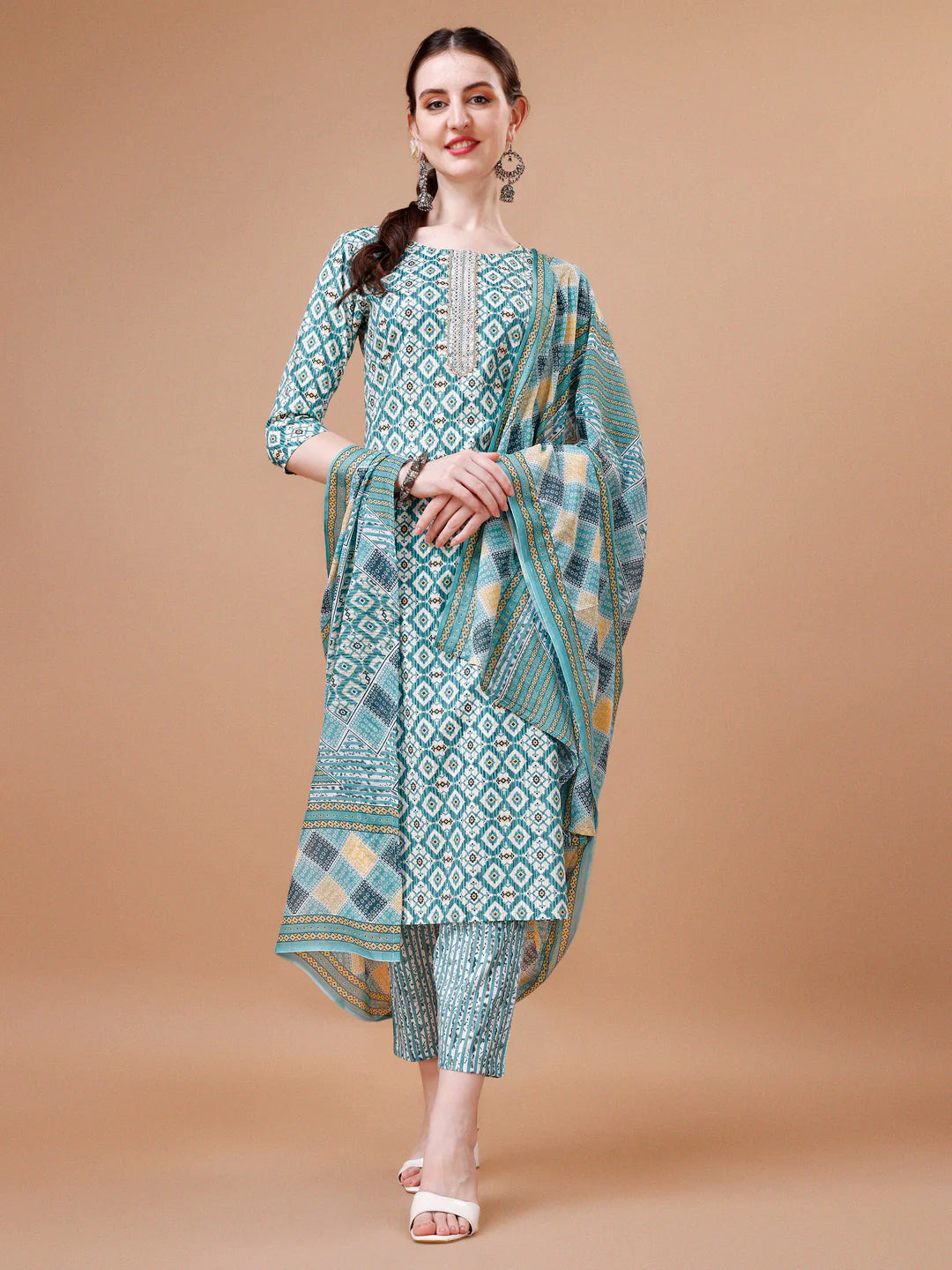 Geometric Pattern Printed & Lace Yoke Embroidered Blue Cotton Kurta Pant With Dupatta