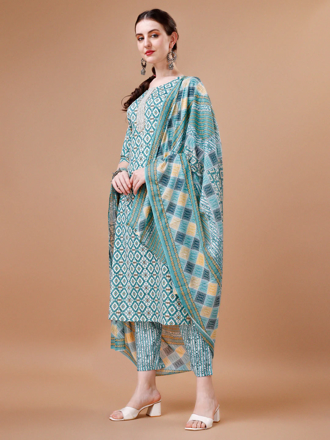 Geometric Pattern Printed & Lace Yoke Embroidered Blue Cotton Kurta Pant With Dupatta