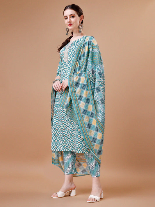 Geometric Pattern Printed & Lace Yoke Embroidered Blue Cotton Kurta Pant With Dupatta