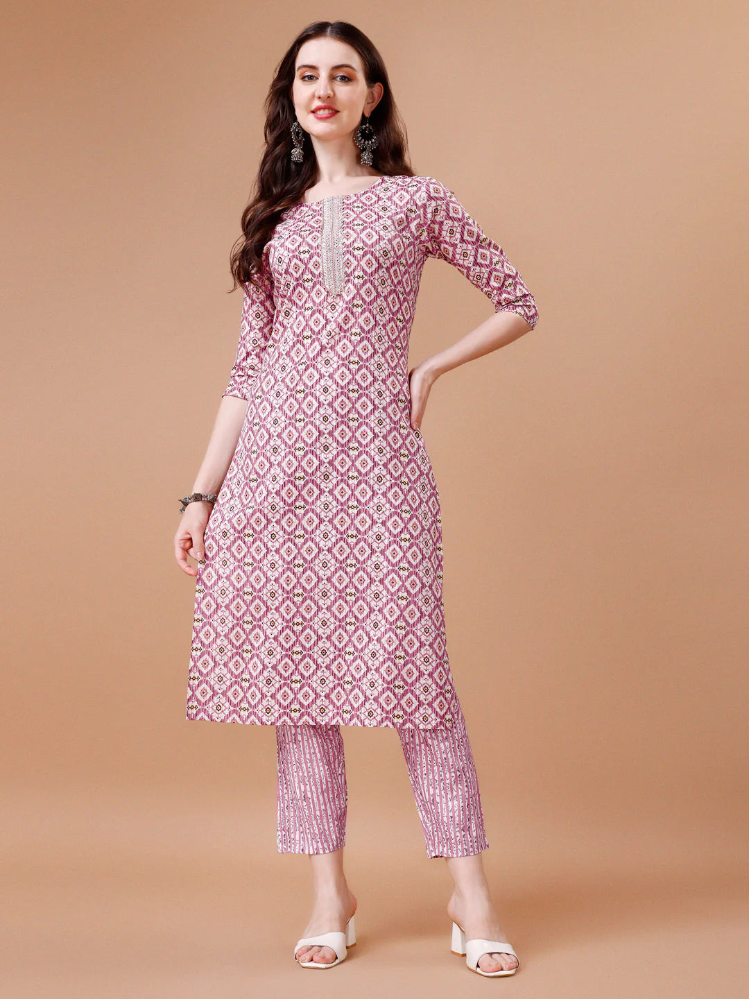 Geometric Pattern Printed & Lace Yoke Embroidered Pink Cotton Kurta Pant With Dupatta