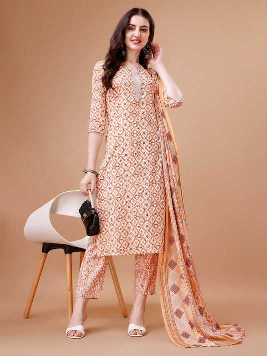 Traditional Pattern Printed & Lace Yoke Embroidered Cotton Kurta Pant With Dupatta