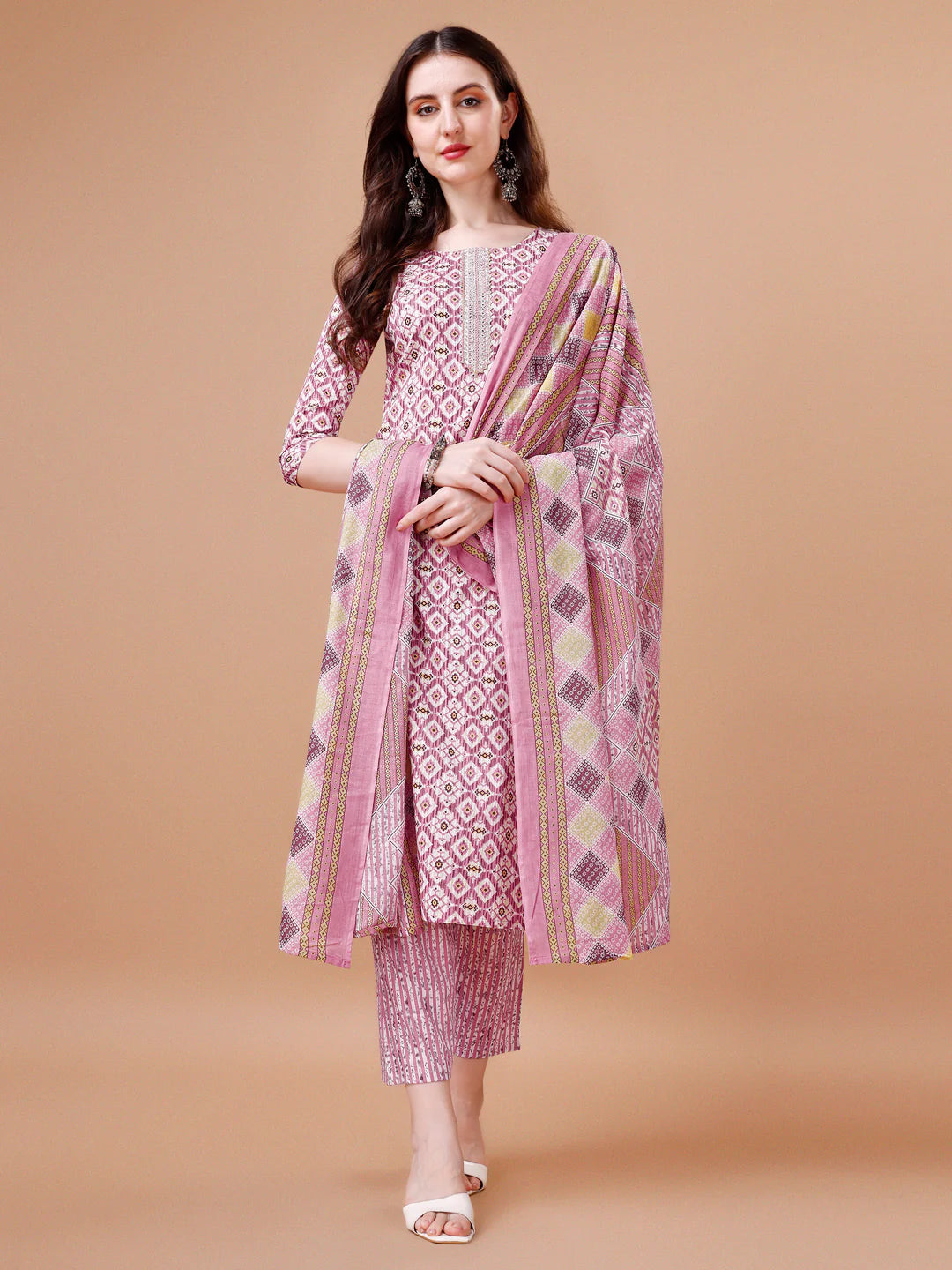 Geometric Pattern Printed & Lace Yoke Embroidered Pink Cotton Kurta Pant With Dupatta