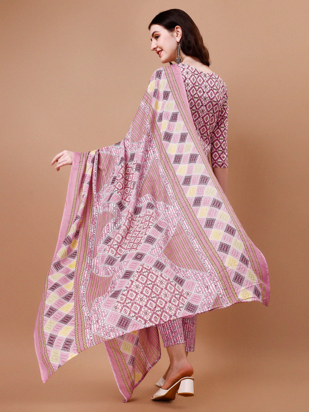 Geometric Pattern Printed & Lace Yoke Embroidered Pink Cotton Kurta Pant With Dupatta