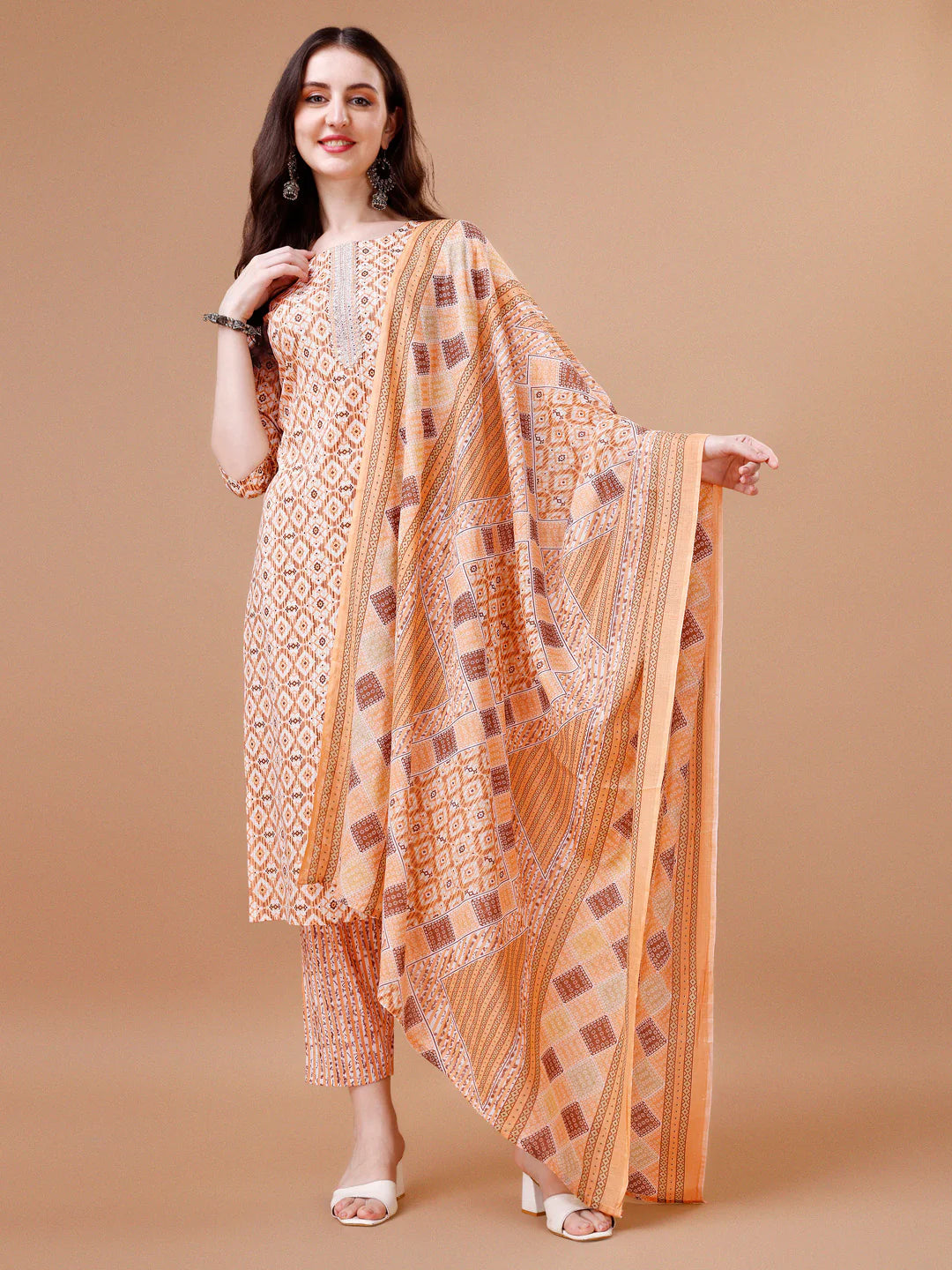 Traditional Pattern Printed & Lace Yoke Embroidered Cotton Kurta Pant With Dupatta