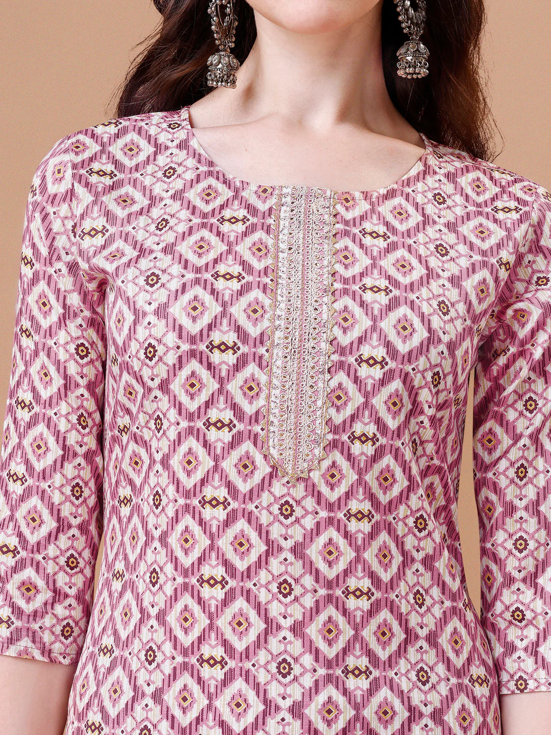 Geometric Pattern Printed & Lace Yoke Embroidered Pink Cotton Kurta Pant With Dupatta