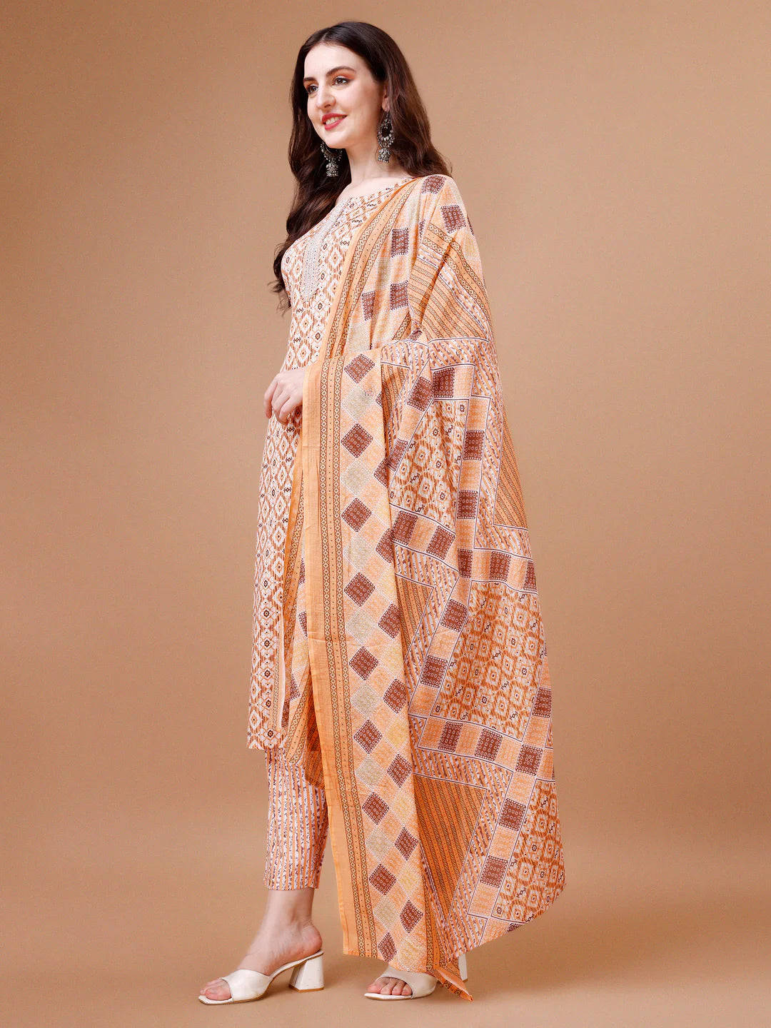 Traditional Pattern Printed & Lace Yoke Embroidered Cotton Kurta Pant With Dupatta