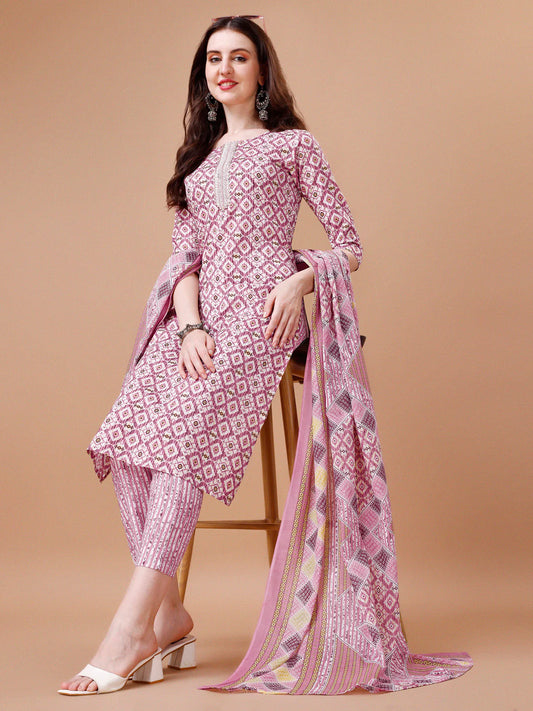 Geometric Pattern Printed & Lace Yoke Embroidered Pink Cotton Kurta Pant With Dupatta