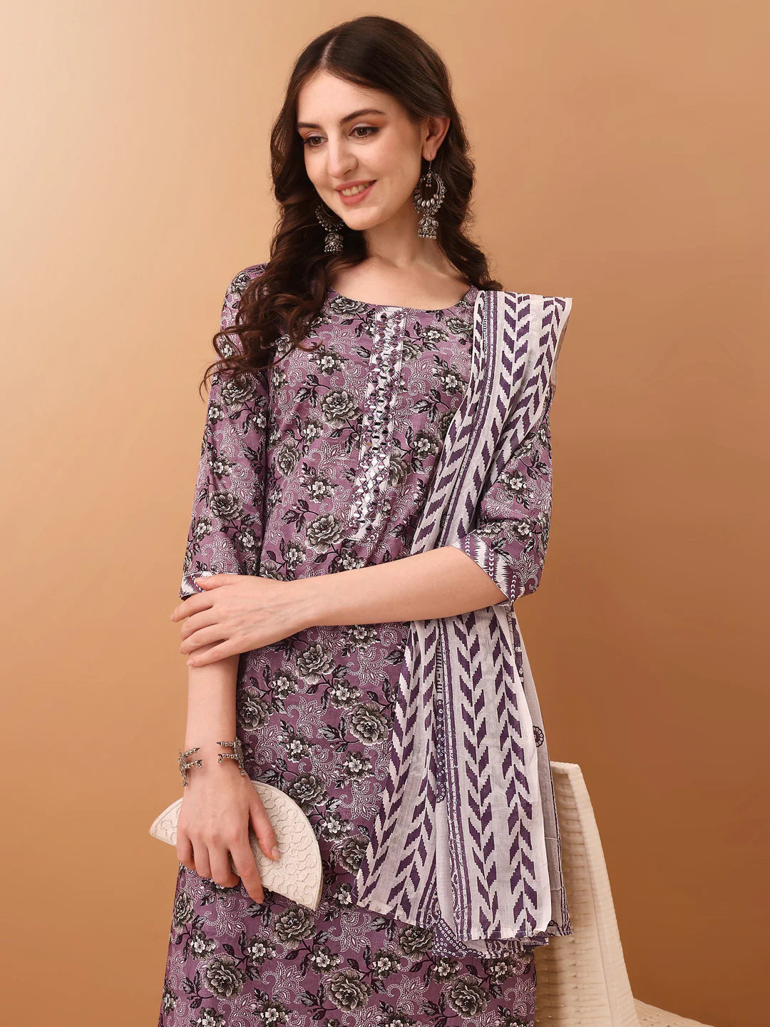 Women's Lavender Mirror work Embroidered & Floral Printed Cotton Kurta Pant With Dupatta