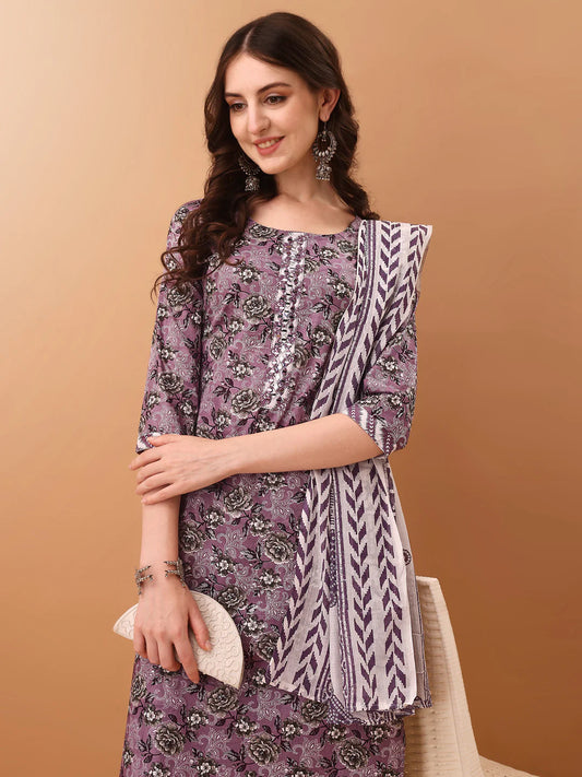 Women's Lavender Mirror work Embroidered & Floral Printed Cotton Kurta Pant With Dupatta