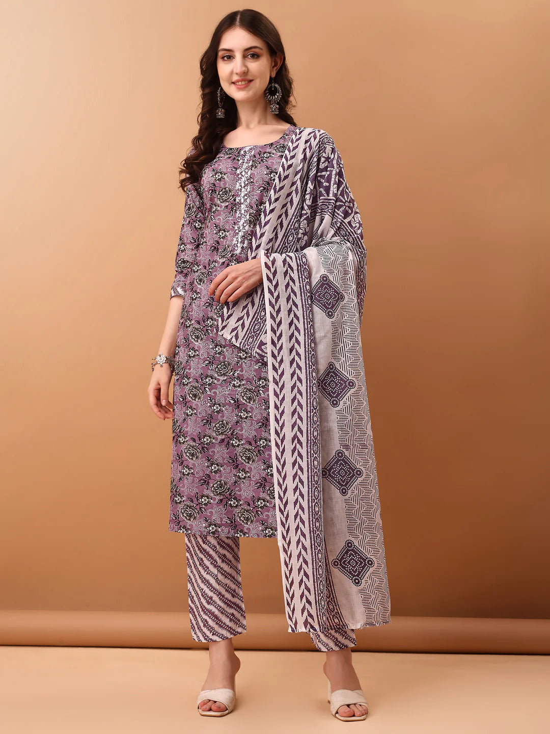 Women's Lavender Mirror work Embroidered & Floral Printed Cotton Kurta Pant With Dupatta