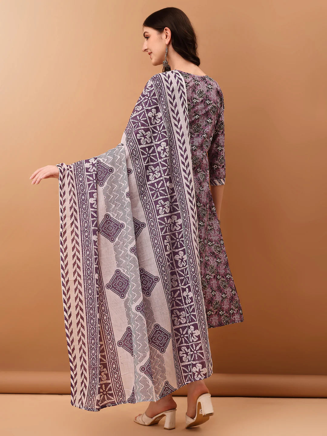 Women's Lavender Mirror work Embroidered & Floral Printed Cotton Kurta Pant With Dupatta