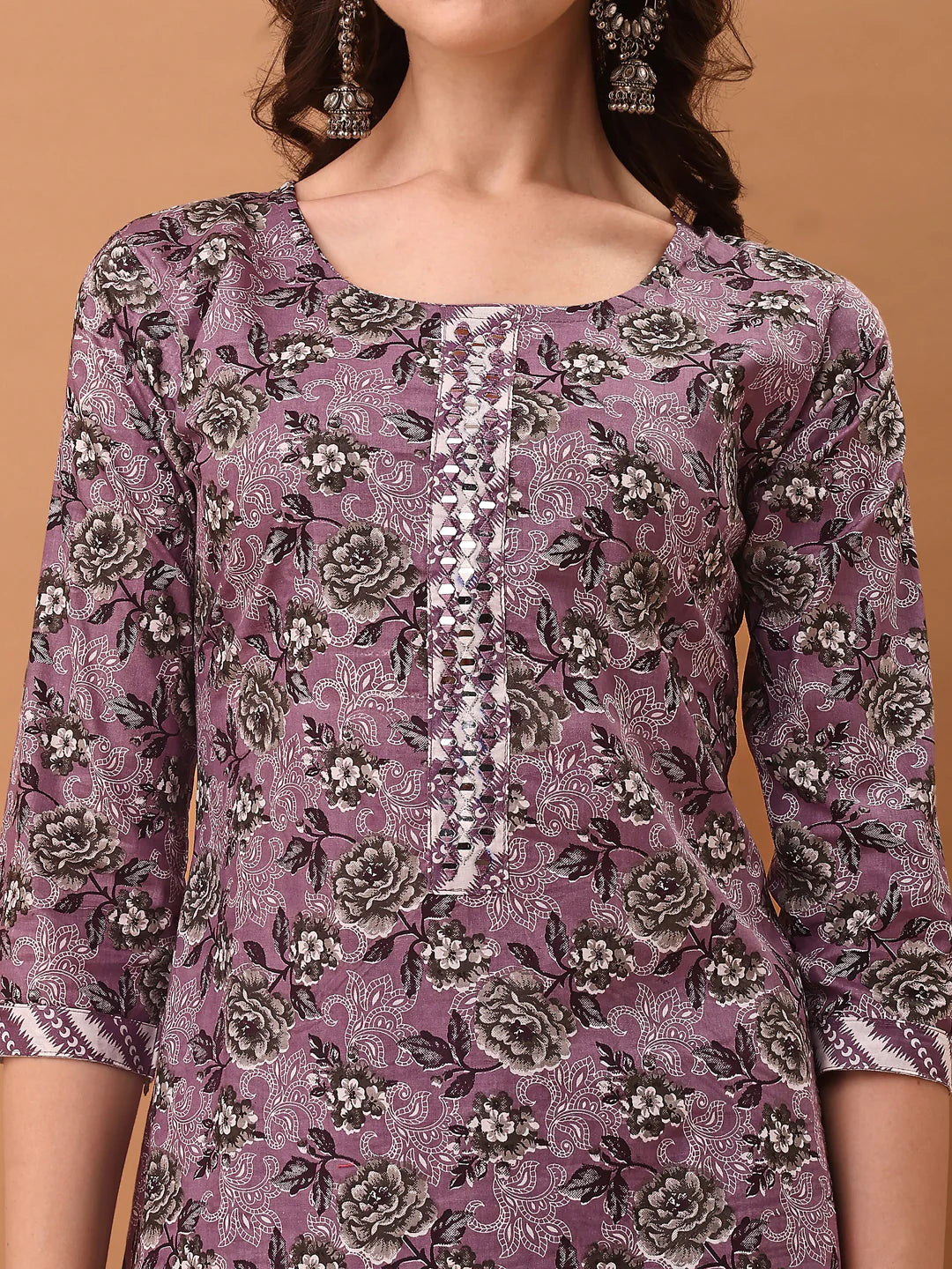 Women's Lavender Mirror work Embroidered & Floral Printed Cotton Kurta Pant With Dupatta