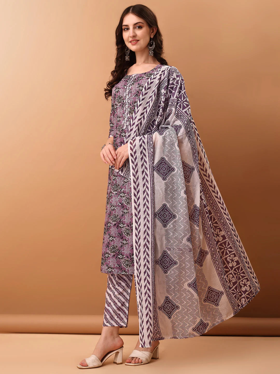 Women's Lavender Mirror work Embroidered & Floral Printed Cotton Kurta Pant With Dupatta