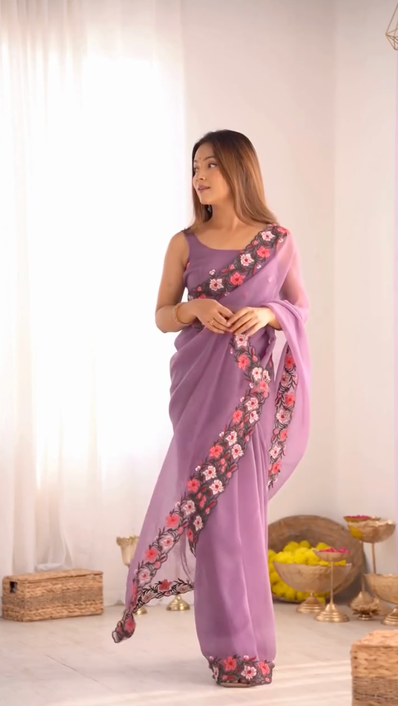 New Pastel Range Soft Faux Georgette Saree With Multi Thread Embroidery Work