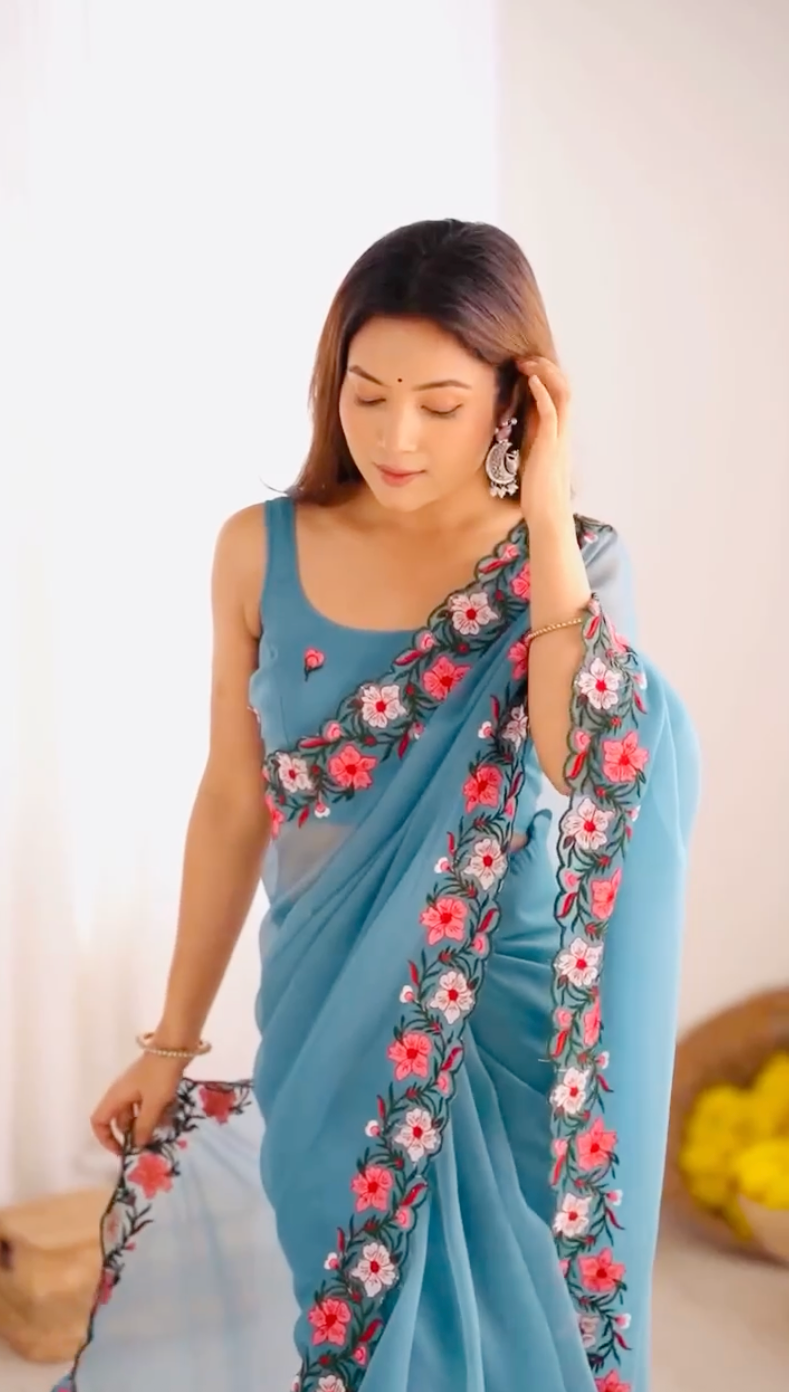 New Pastel Range Soft Faux Georgette Saree With Multi Thread Embroidery Work