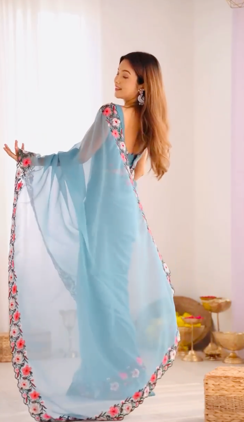 New Pastel Range Soft Faux Georgette Saree With Multi Thread Embroidery Work