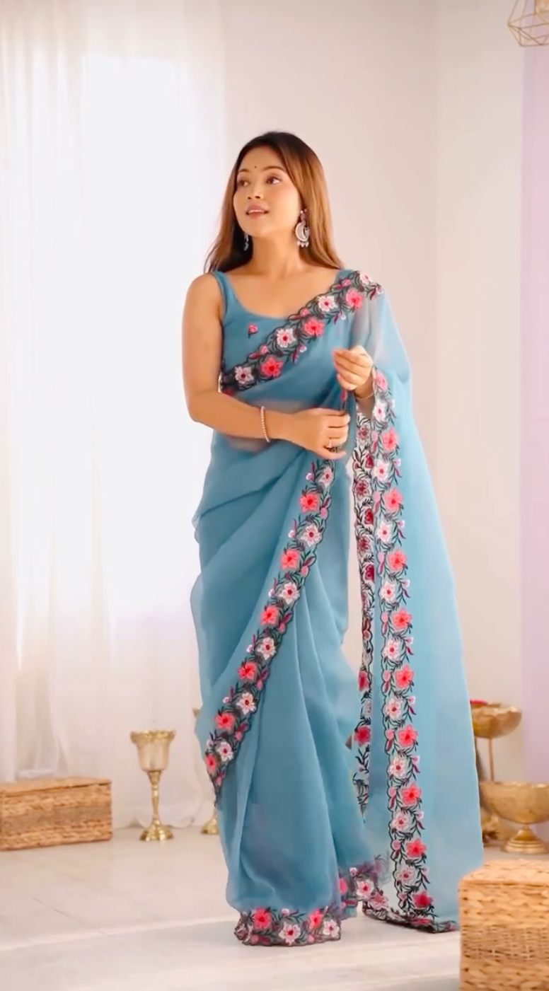 New Pastel Range Soft Faux Georgette Saree With Multi Thread Embroidery Work