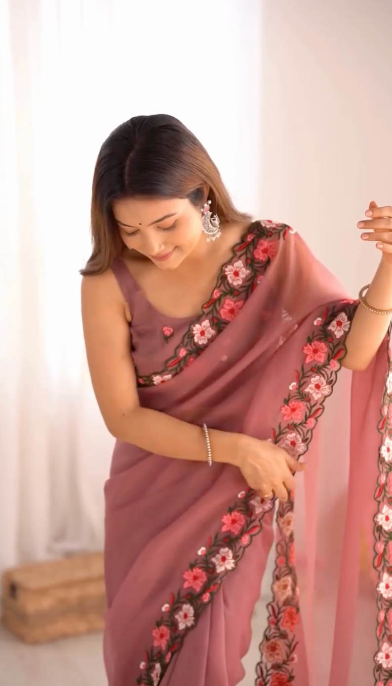 New Pastel Range Soft Faux Georgette Saree With Multi Thread Embroidery Work