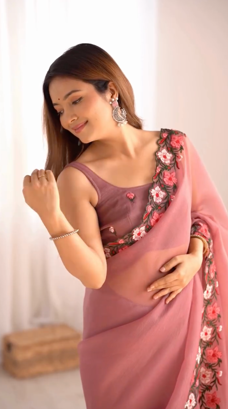New Pastel Range Soft Faux Georgette Saree With Multi Thread Embroidery Work
