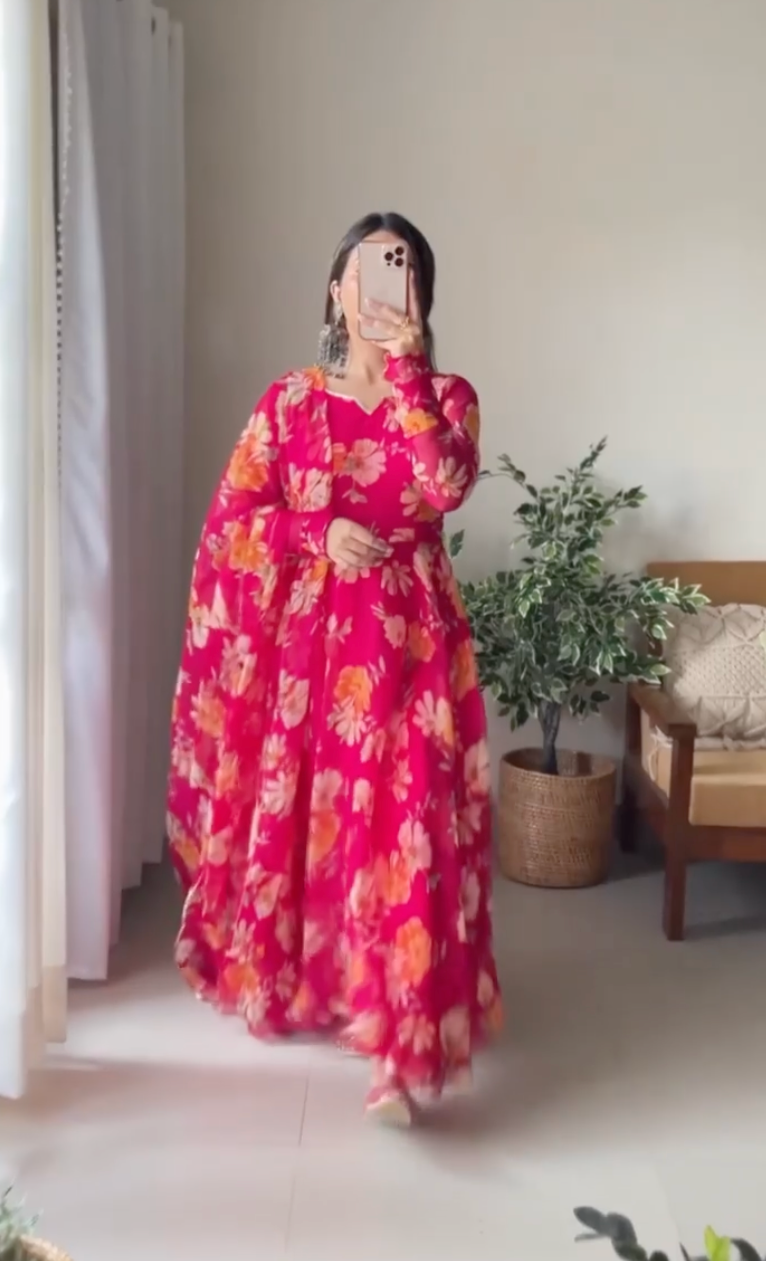 Floral Printed Premium Organza Gown With Dupatta with Lace Work