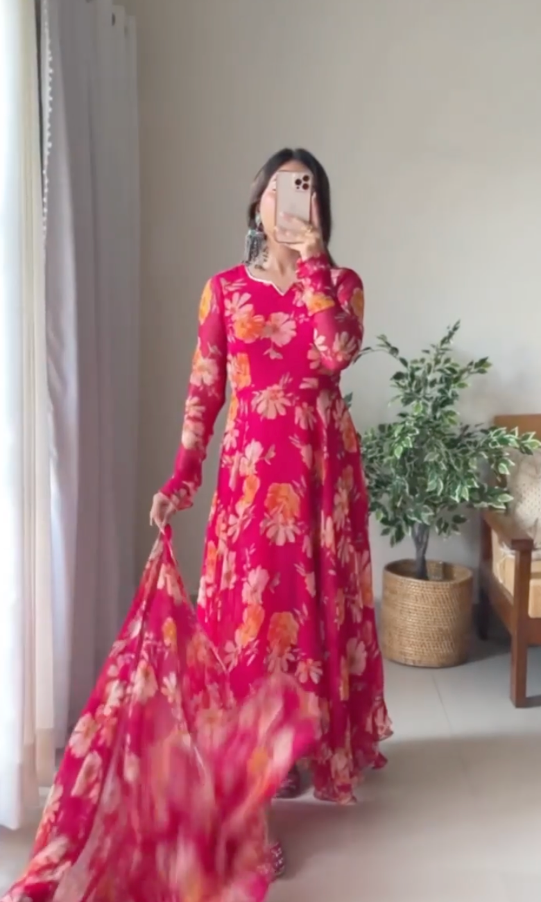 Floral Printed Premium Organza Gown With Dupatta with Lace Work