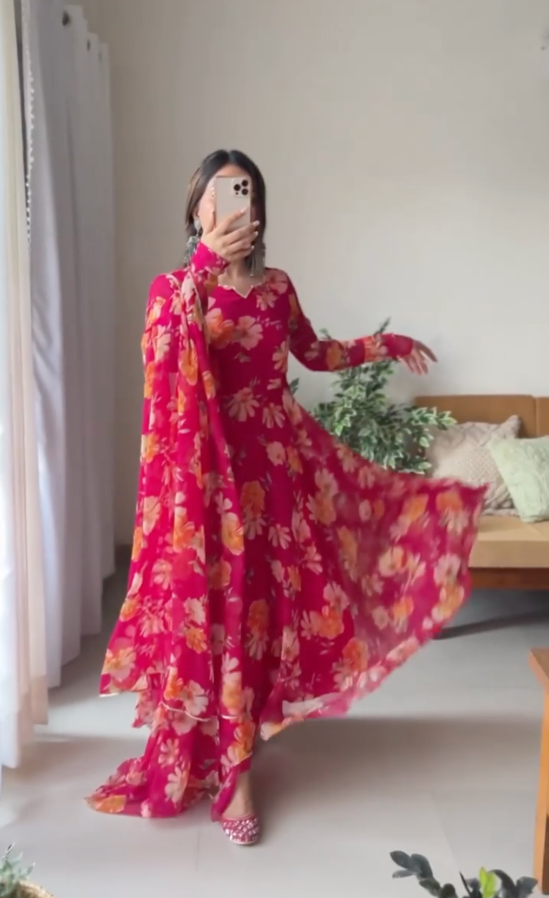 Floral Printed Premium Organza Gown With Dupatta with Lace Work